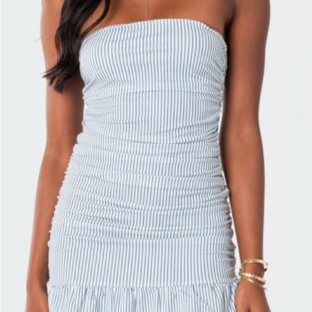 Edikted Striped Strapless Ruched Dress - Light Blue